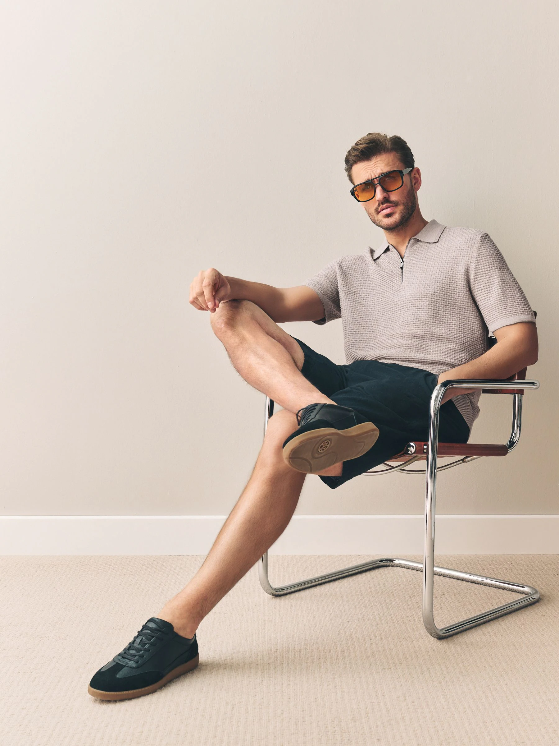 Neutraal - Regular Fit Signature 100% Merino Wol Textuur Korte Mouw Kwart Ritssluiting Gebreid Poloshirt