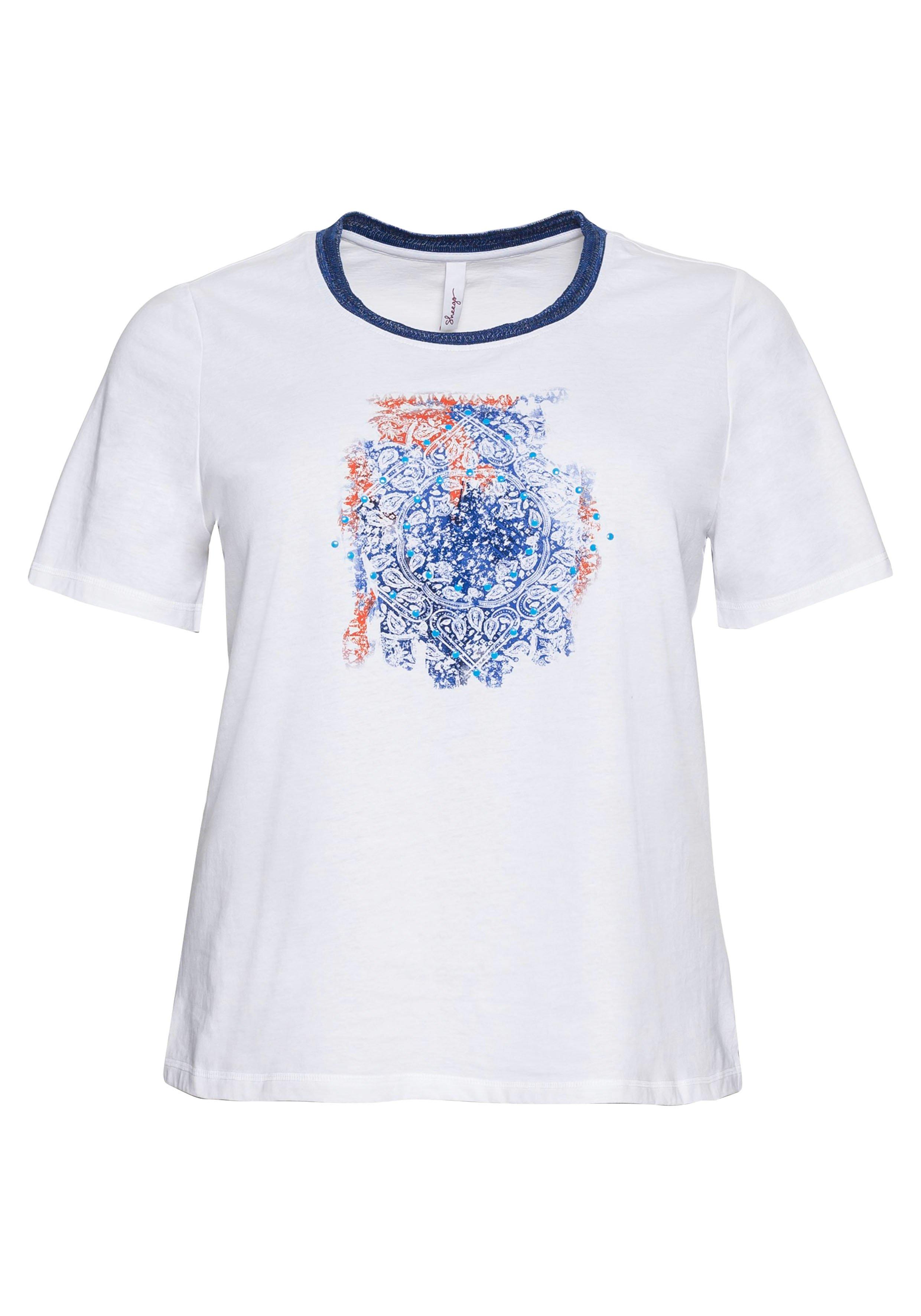 Shirt mit Effektgarn am Ausschnitt und Frontdruck