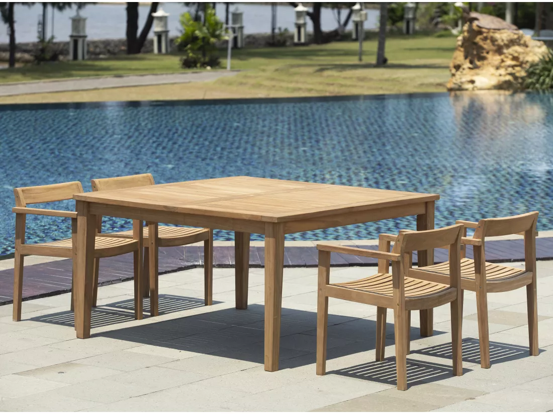 Salle à manger de jardin en teck : 1 table carrée + 4 fauteuils - Naturel clair - ALLENDE de MYLIA
