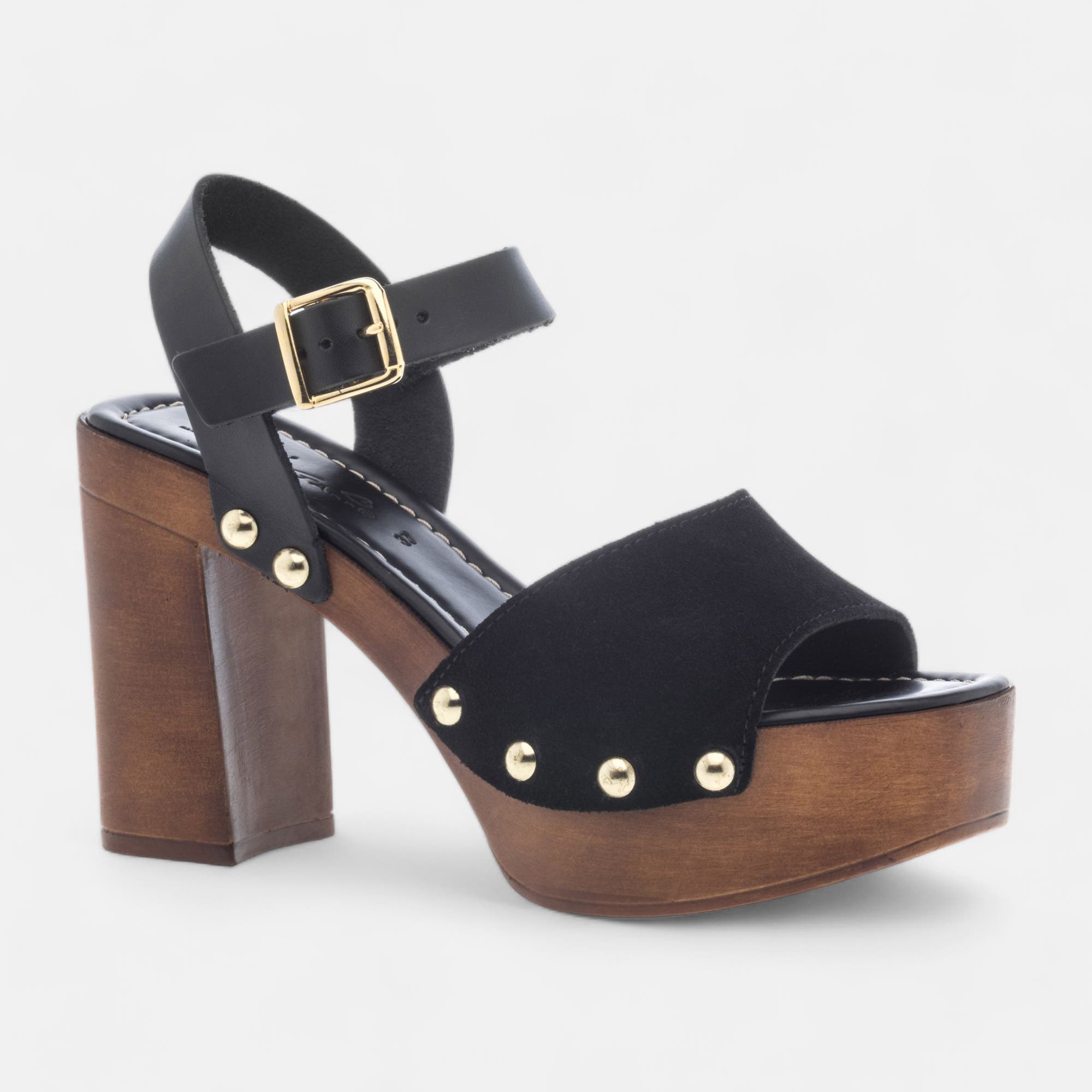 Chaussures semelle bois à talon Femme en cuir noir