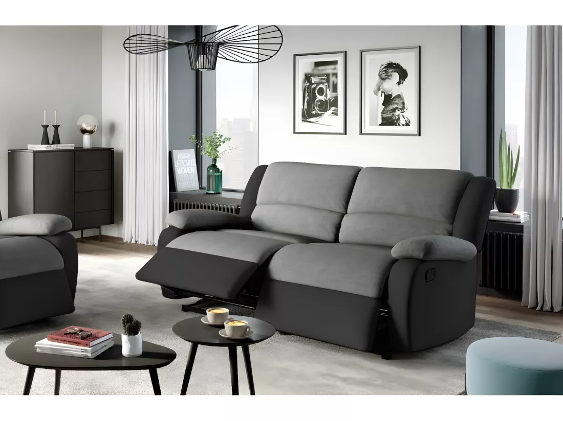 Canapé relax manuel 3 places avec 2 assises XXL Léo en microfibre et simili - Noir/Gris - L193 x P93 x H96cm - Loungitude