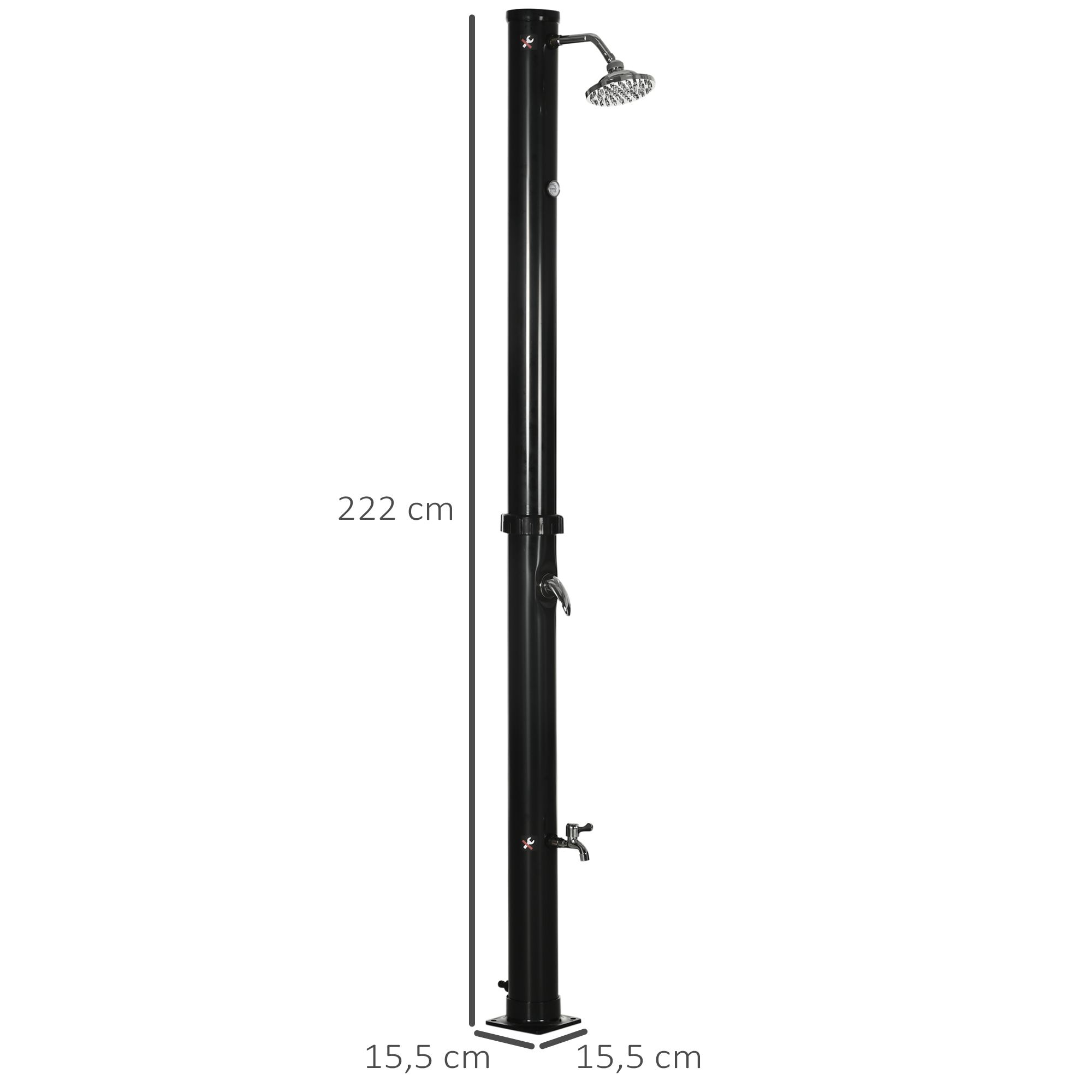 Chuveiro solar de jardim Outsunny 20L, chuveiro externo com ducha redonda, torneira de água quente (máx. 60℃) e ducha para os pés, ideal para piscina, pátio e praia, 15,5 x 15,5 x 222 cm, preto.
