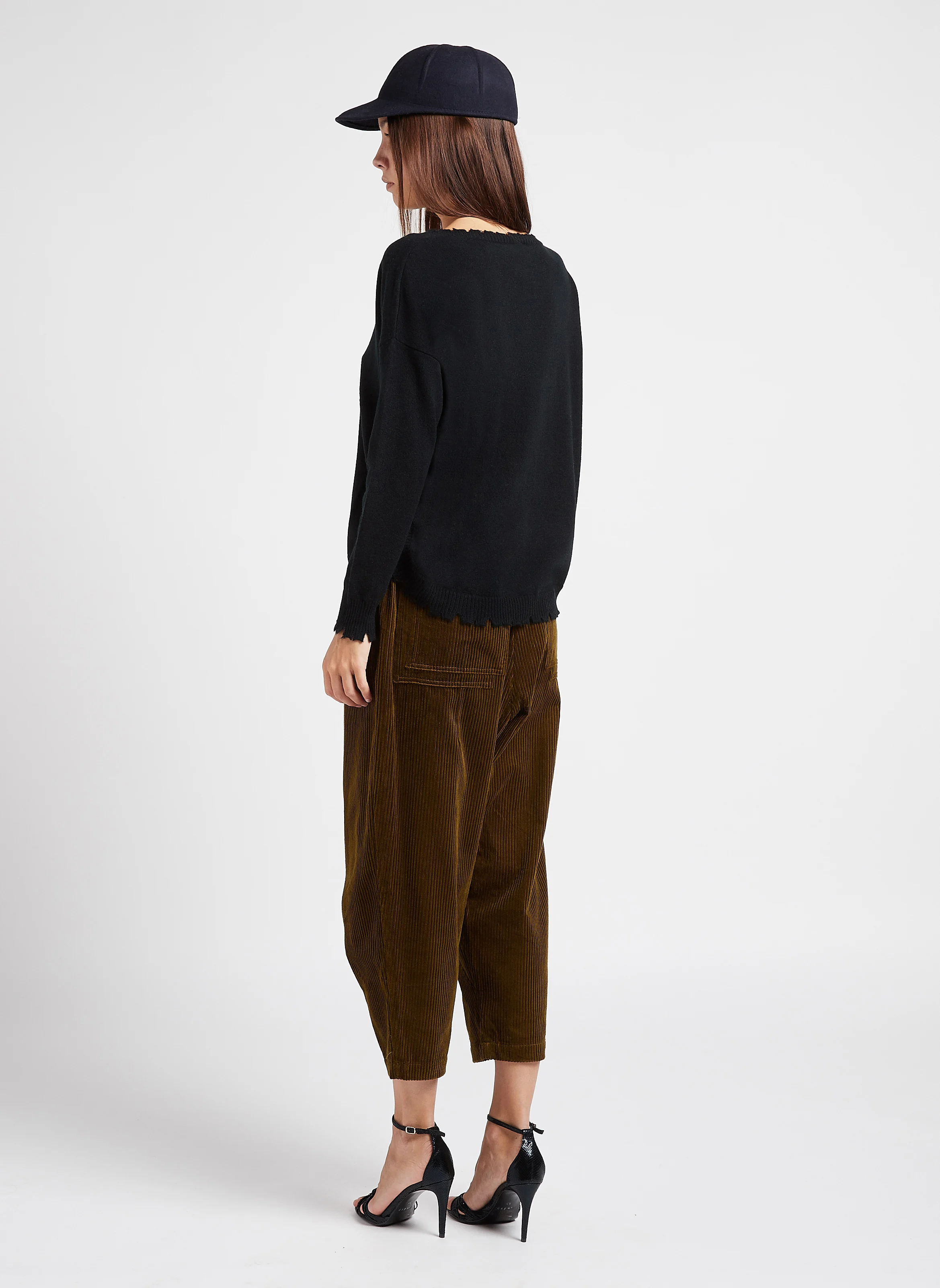 CRYSTA - Pantalon carotte en coton côtelé| Kaki
