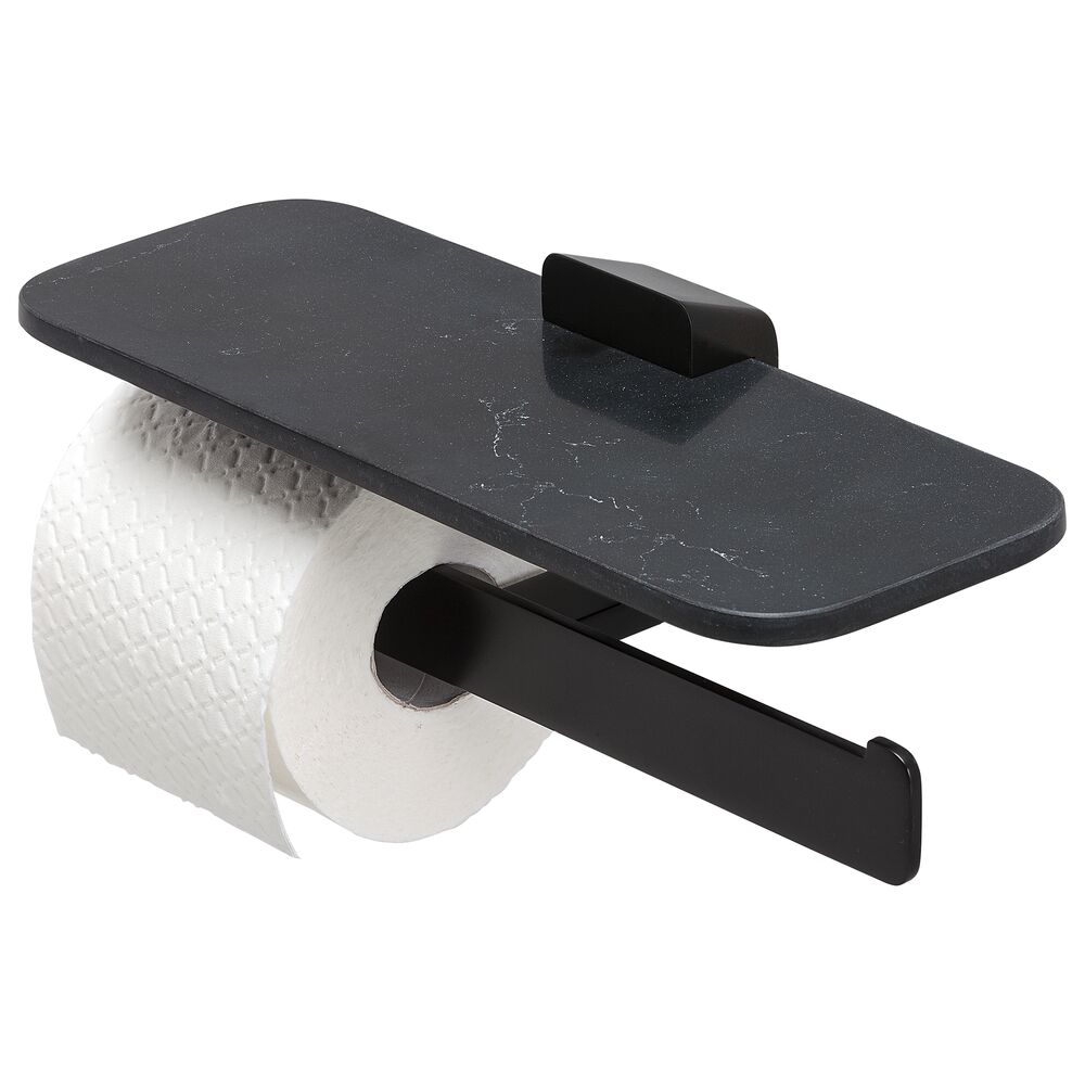 Geesa Shift toiletrolhouder dubbel zwart met planchet van matzwarte marmerlook