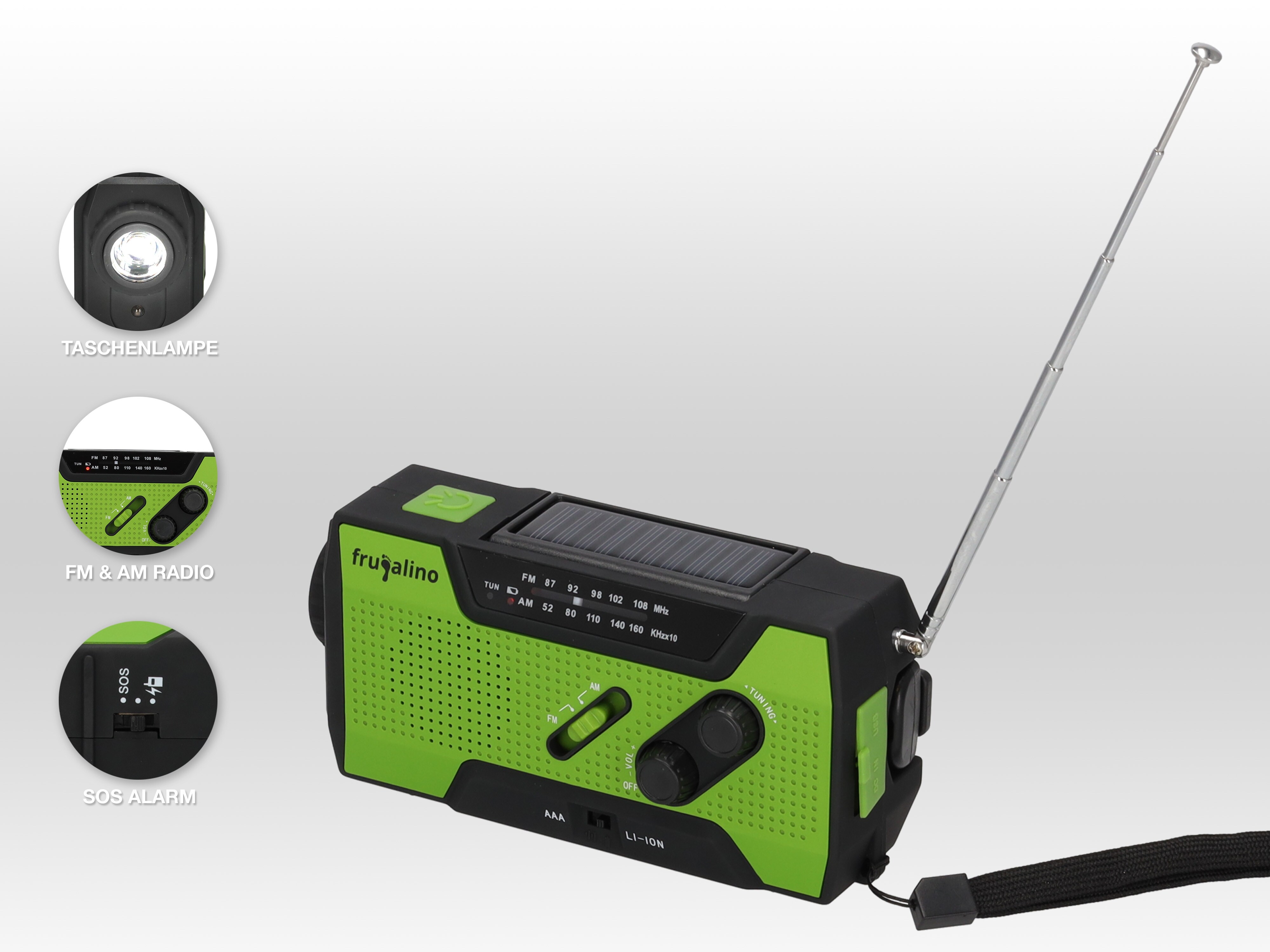 Frugalino Blackout Notfall-Radio, Kurbel, Solar, Akku, SOS Alarm