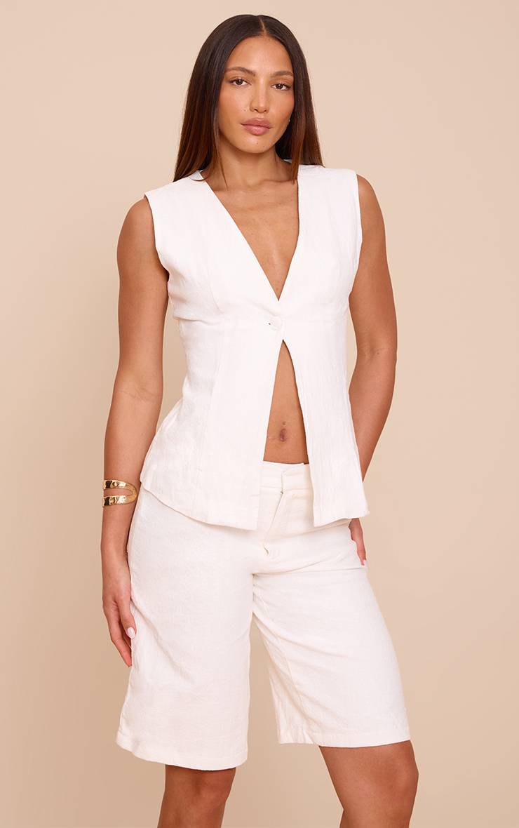 Blanc Gilet Long Boutonné Aspect Lin Premium