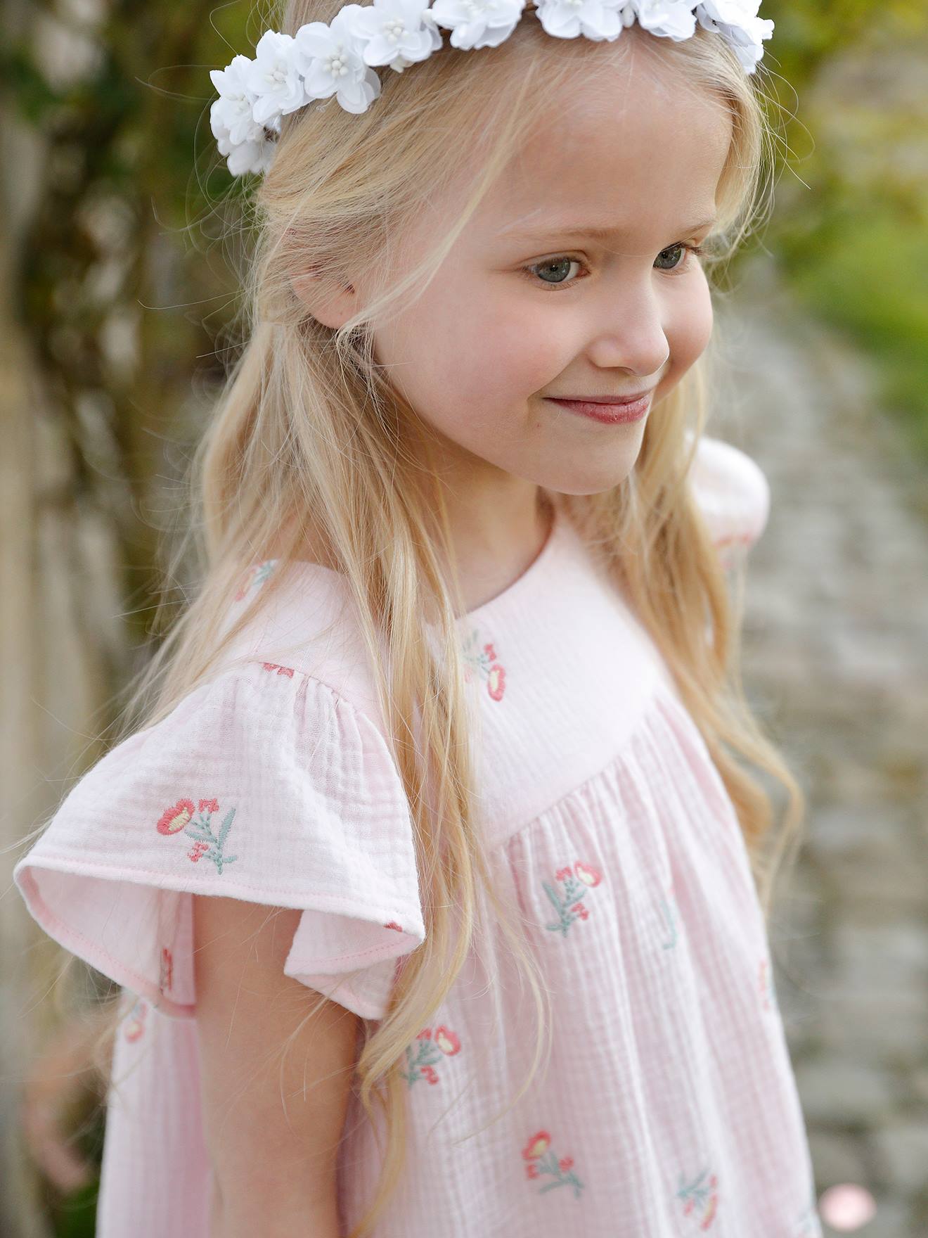 Vestido de chiffon de algodão bordado para meninas, estampa rosa claro.