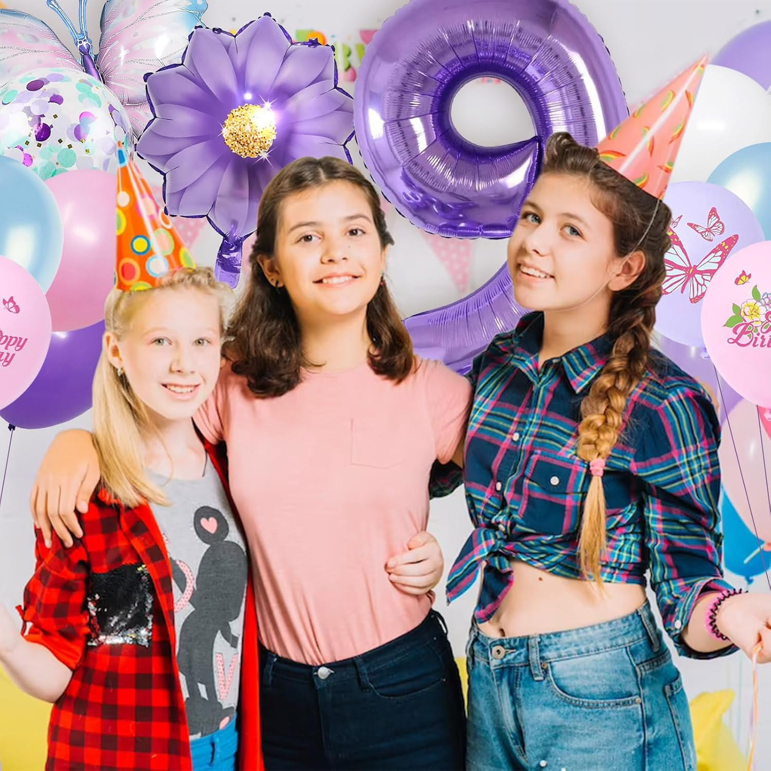 (7-tlg. Set) Zahlen Ballon Kinder Geburtstags Party Folienballon inkl. Latex Luftballons - Zahl 9 / Schmetterling