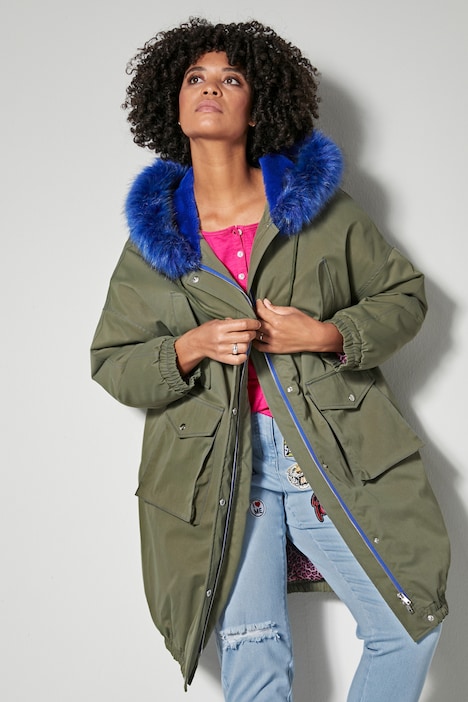 Parka, oversized, farbiges Webfell, Kapuze, Zipper, elastischer Saum