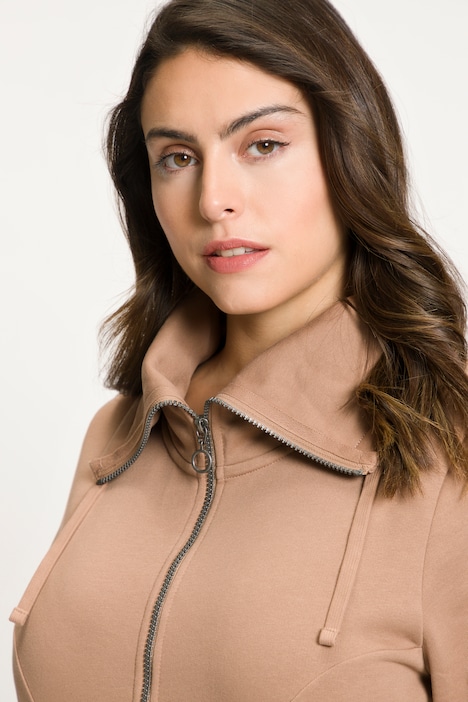 Sweatjacke, drapierter Stehkragen, Kunstleder-Details