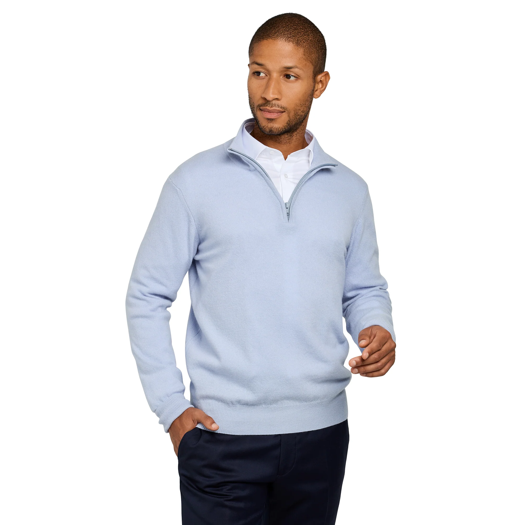 Pull col zip laine Mérinos et cachemire bleu ciel
