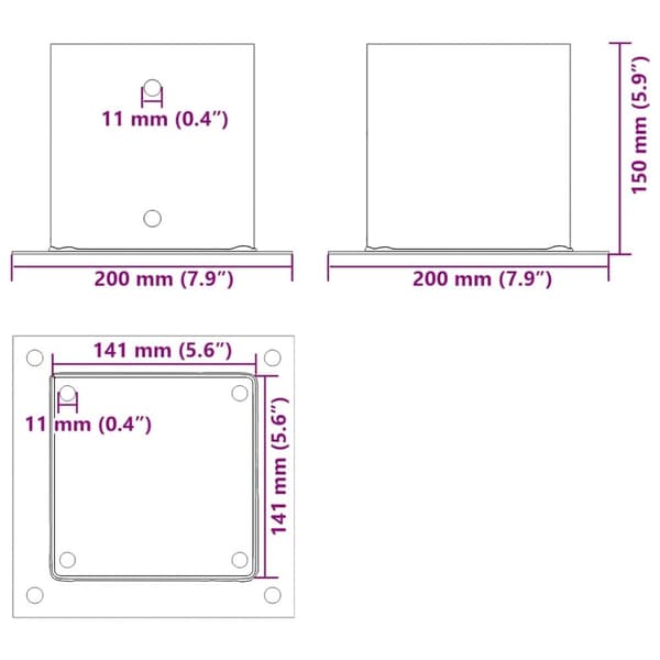 vidaXL Stolpebunner firkantet 4 stk 141x141 mm pulverlakkert stål