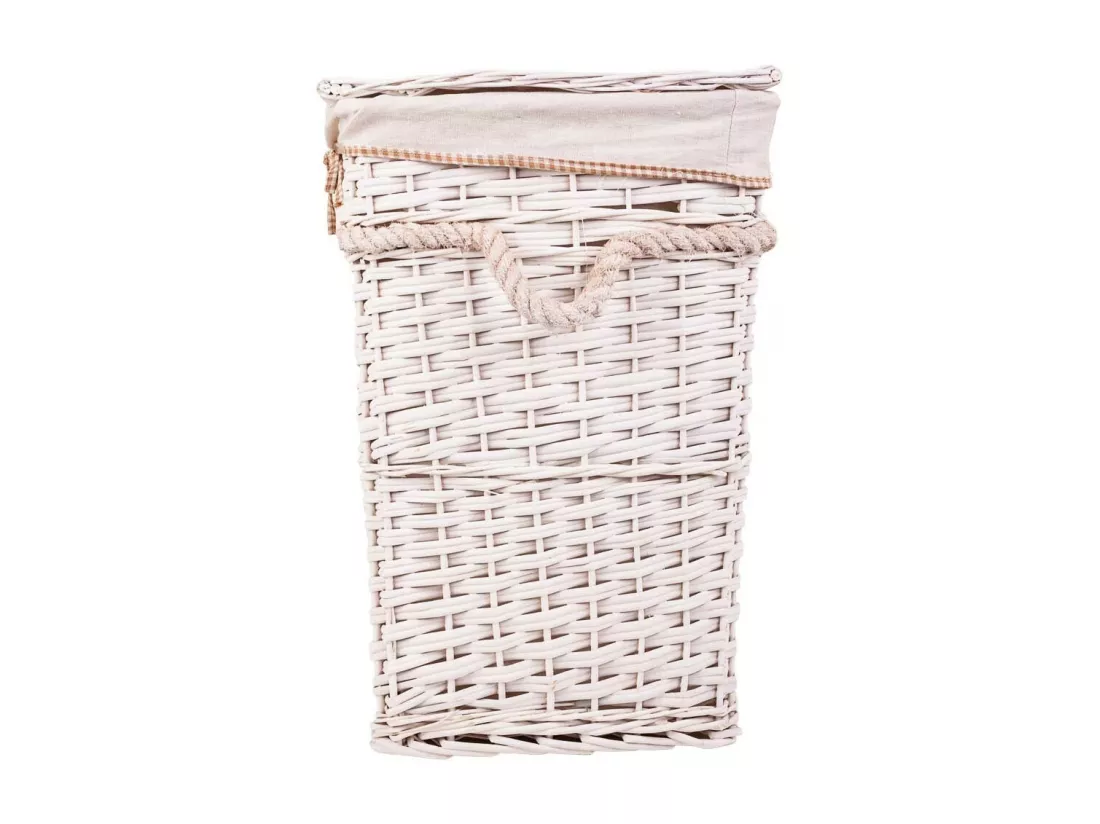 Set de corbeille à linge et deux paniers en osier doublés blancs