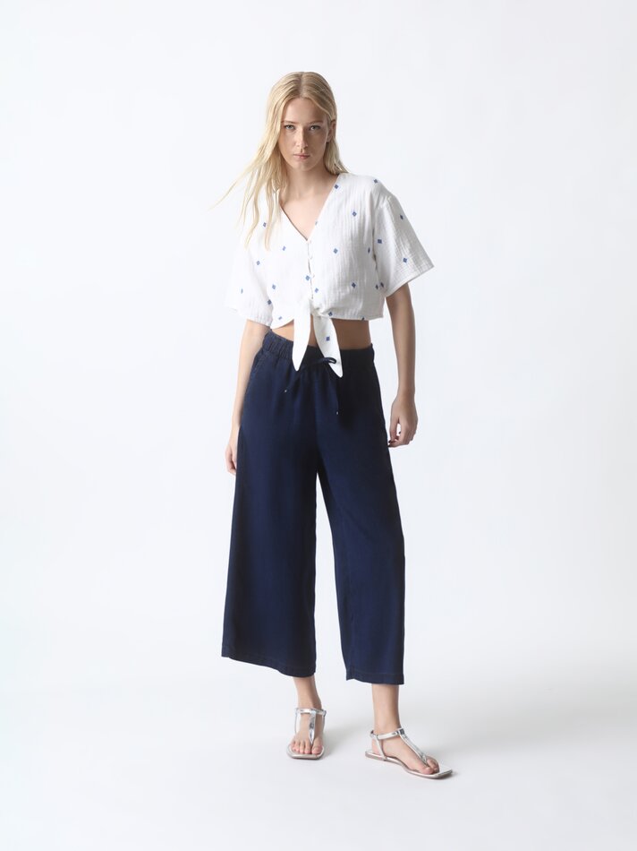 Calças culote em denim leve - Azul-marinho