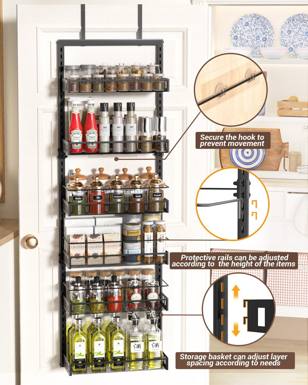 (127x43cm) 6-fach Metall Hänge Regal Küchen Organizer Lebensmittel Aufbewahrung für Tür / Schrank - Schwarz