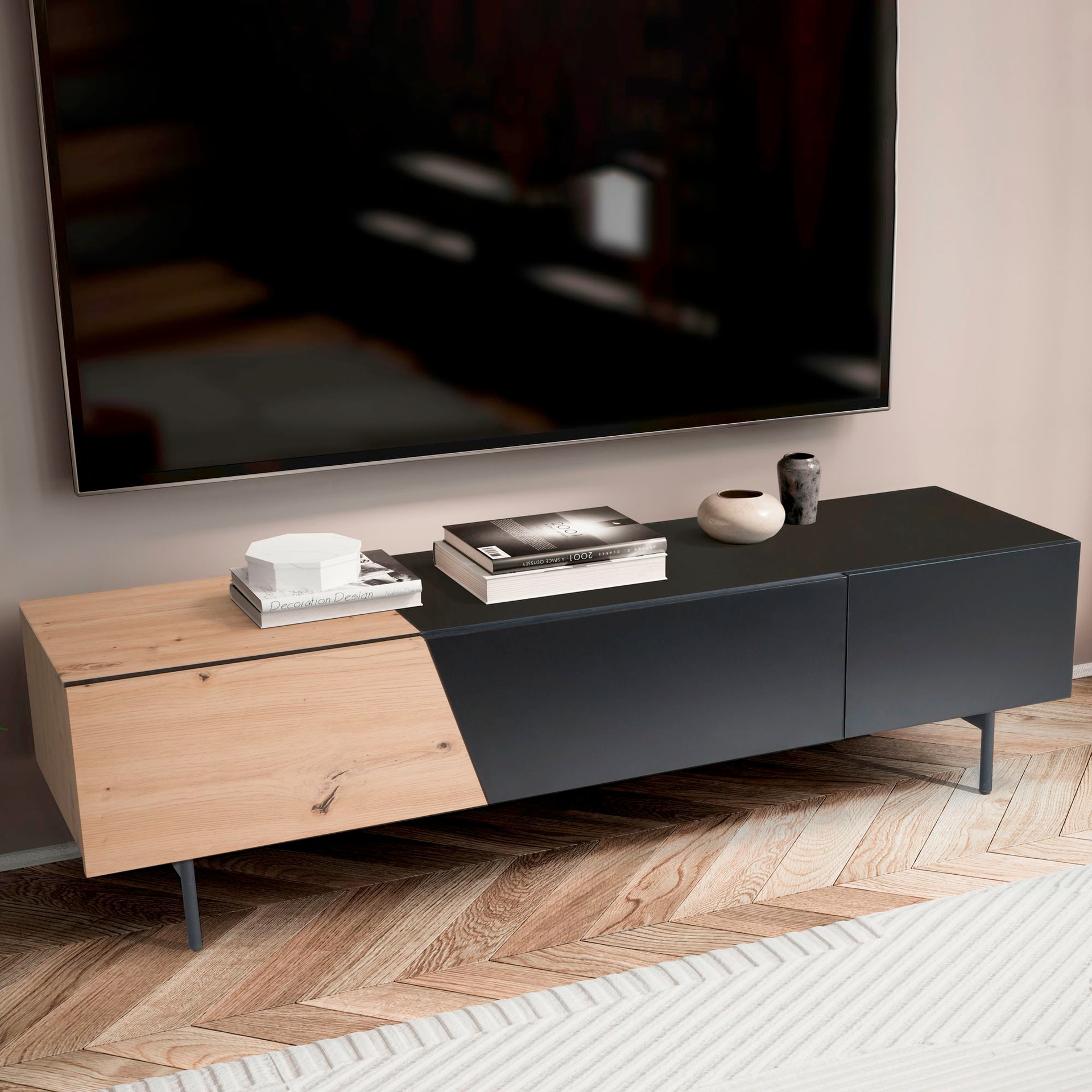 Lowboard 150 x 40 cm Eiche-Dekor/schwarz matt