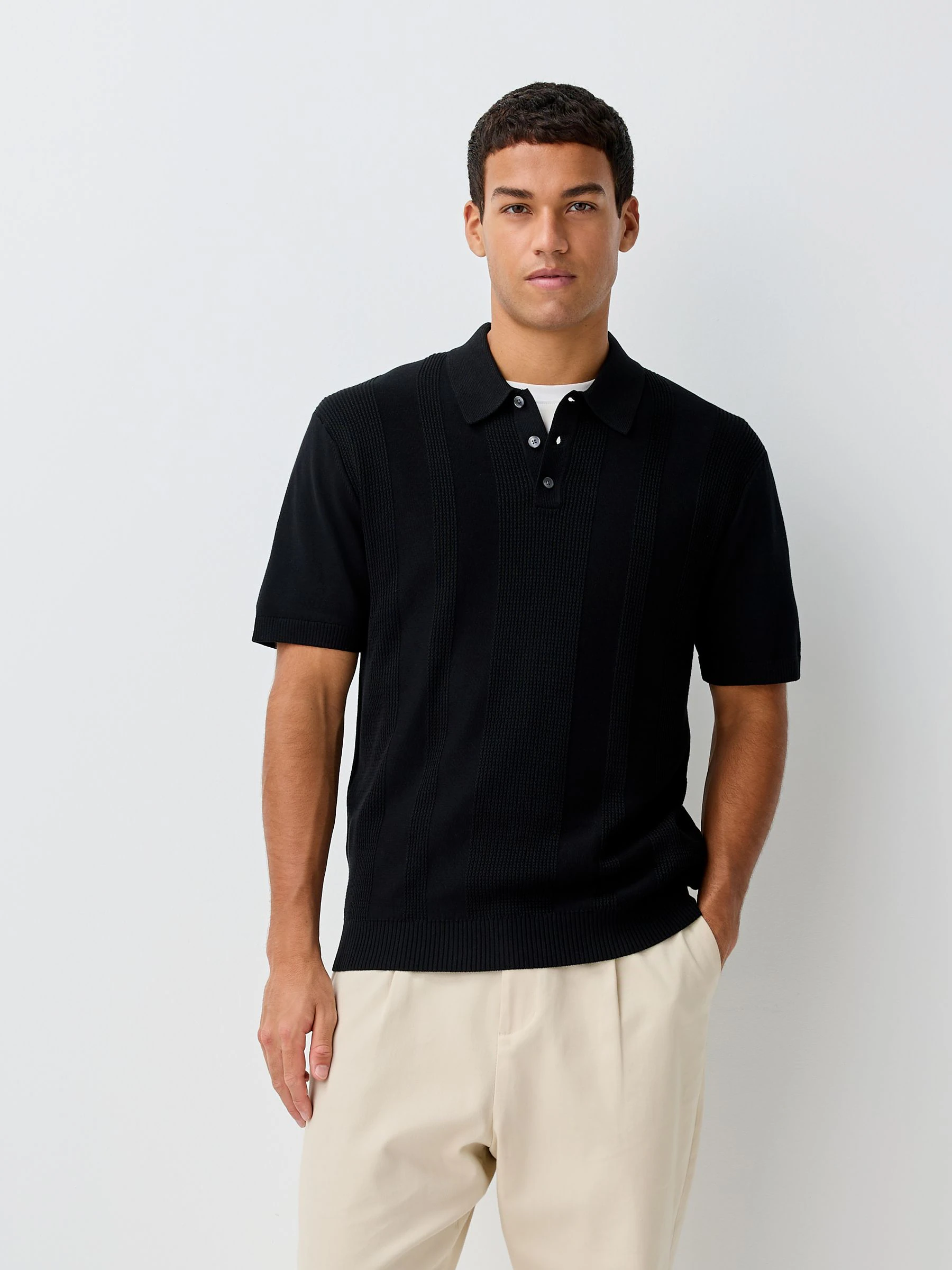 Marineblauw/zwart - Regular-fit poloshirts met textuur, hoog katoengehalte, korte mouwen en gebreid 2 stuks