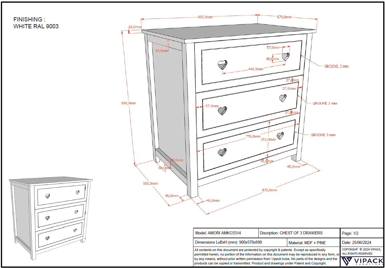 LUCEVI - Amori Commode 3 Laden - Wit - 90x57 cm