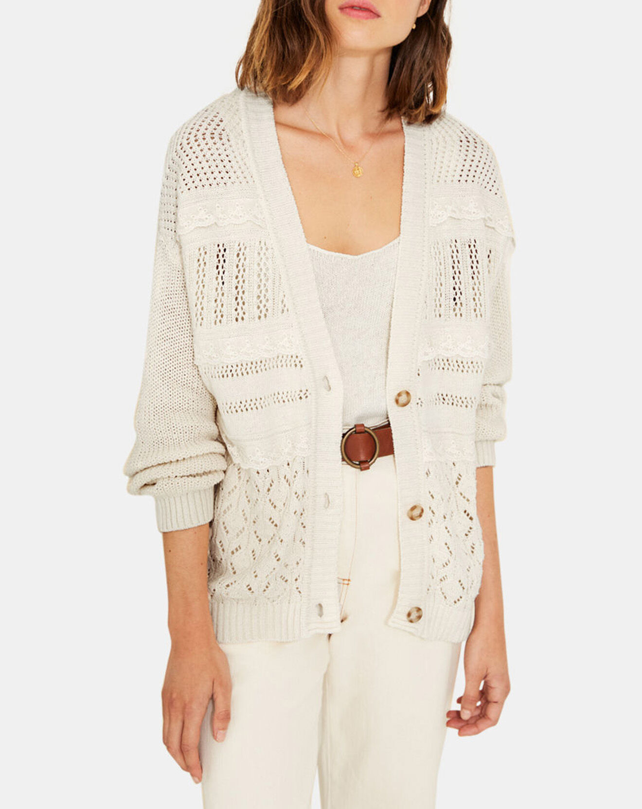 Yerse Gilet en Lin mélangé maille fantaisie Daisy écru