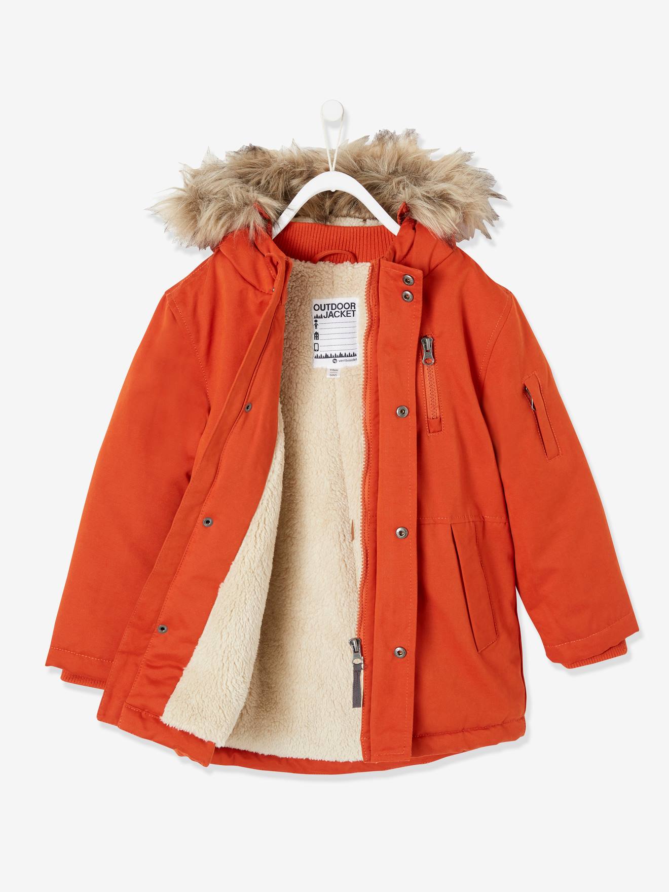 Parka com capuz e enchimento de poliéster reciclado, para meninos, laranja escuro liso com estampa.
