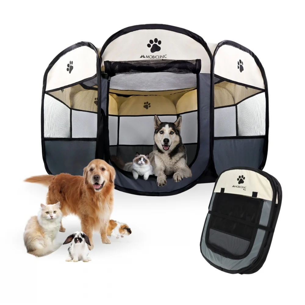 Cercado dobrável para cães, gatos e roedores | 8 janelas | 2 portas | Seguro | Cordão elástico | Cinza | Scooby | Mobiclinic