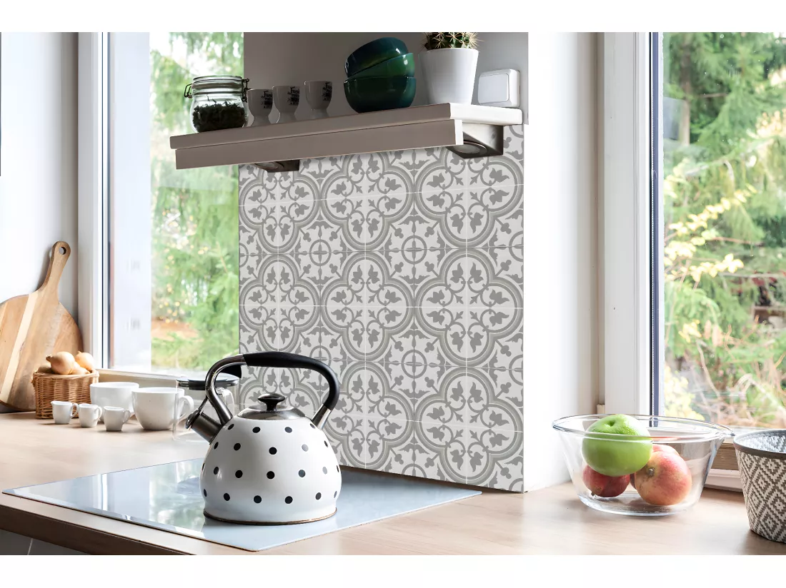Carreaux autocollants PVC, Carrelage PVC adhésif - 9x30x30 - Fleurs grises ethniques