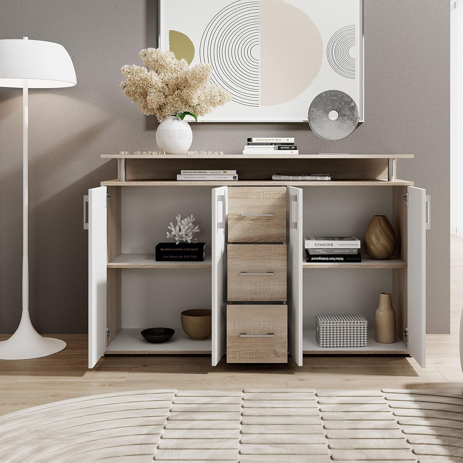 DRIFT Sideboard mit Ablage in Eiche Sonoma Optik, Weiß - Moderne Kommode mit Schubladen und viel Stauraum für Ihren Wohnbereich - 139 x 90 x 34 cm (B/H/T)