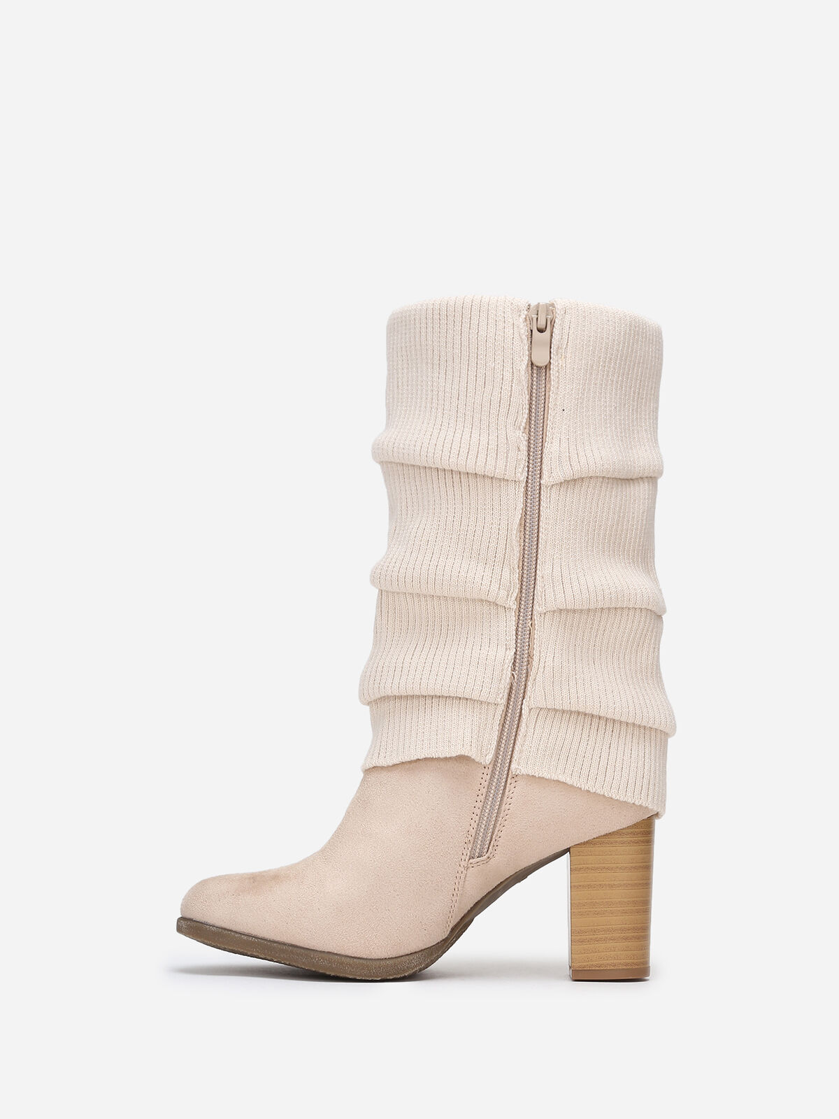 Bottes à talon en suédine et maille- Beige