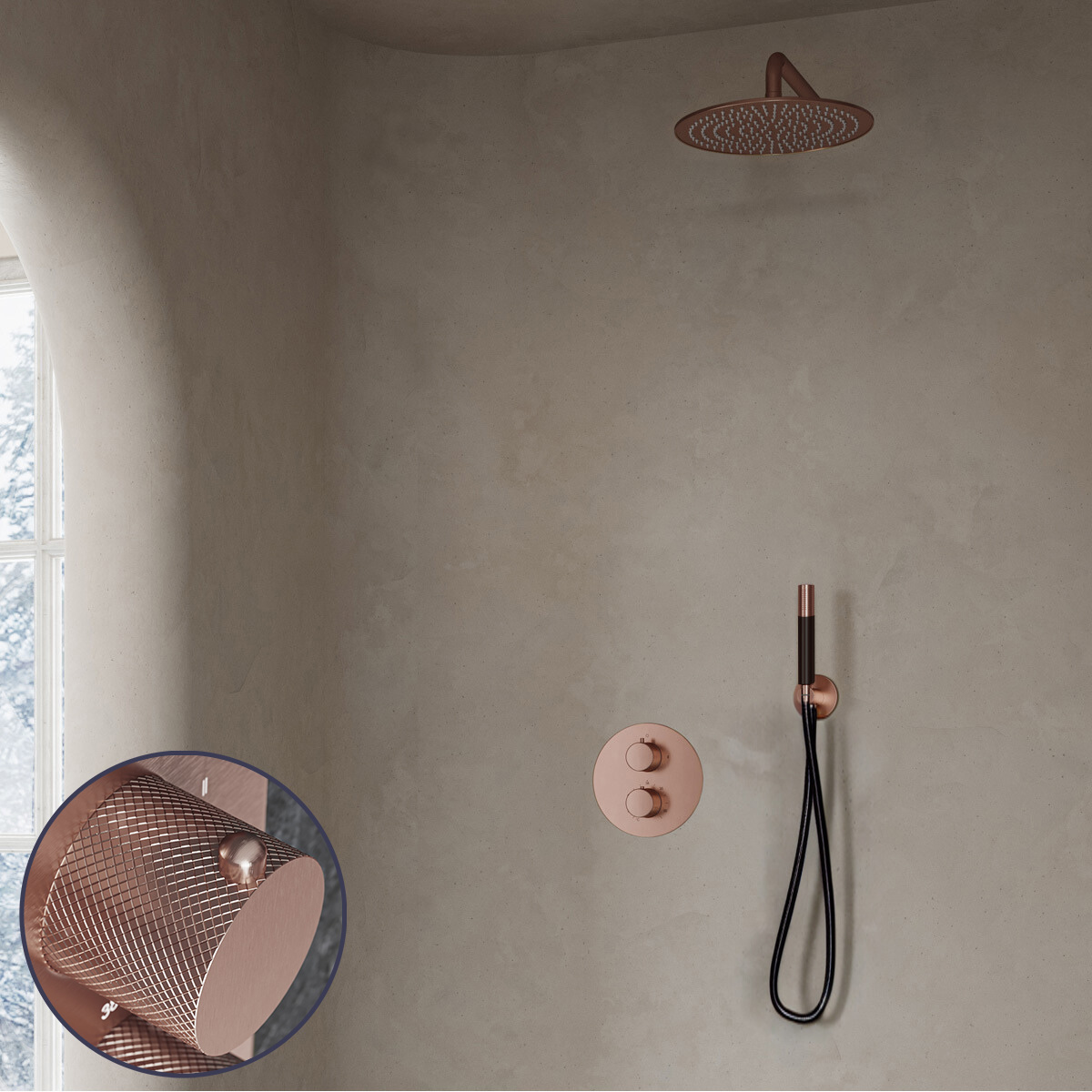 Saniclear Copper Curved Pro inbouw regendouche rond met 20cm hoofddouche en muurarm geborsteld koper
