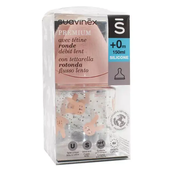 Mamadeira Suavinex Premium Slow Flow, Coelhinho Rosa, +0m, 150ml