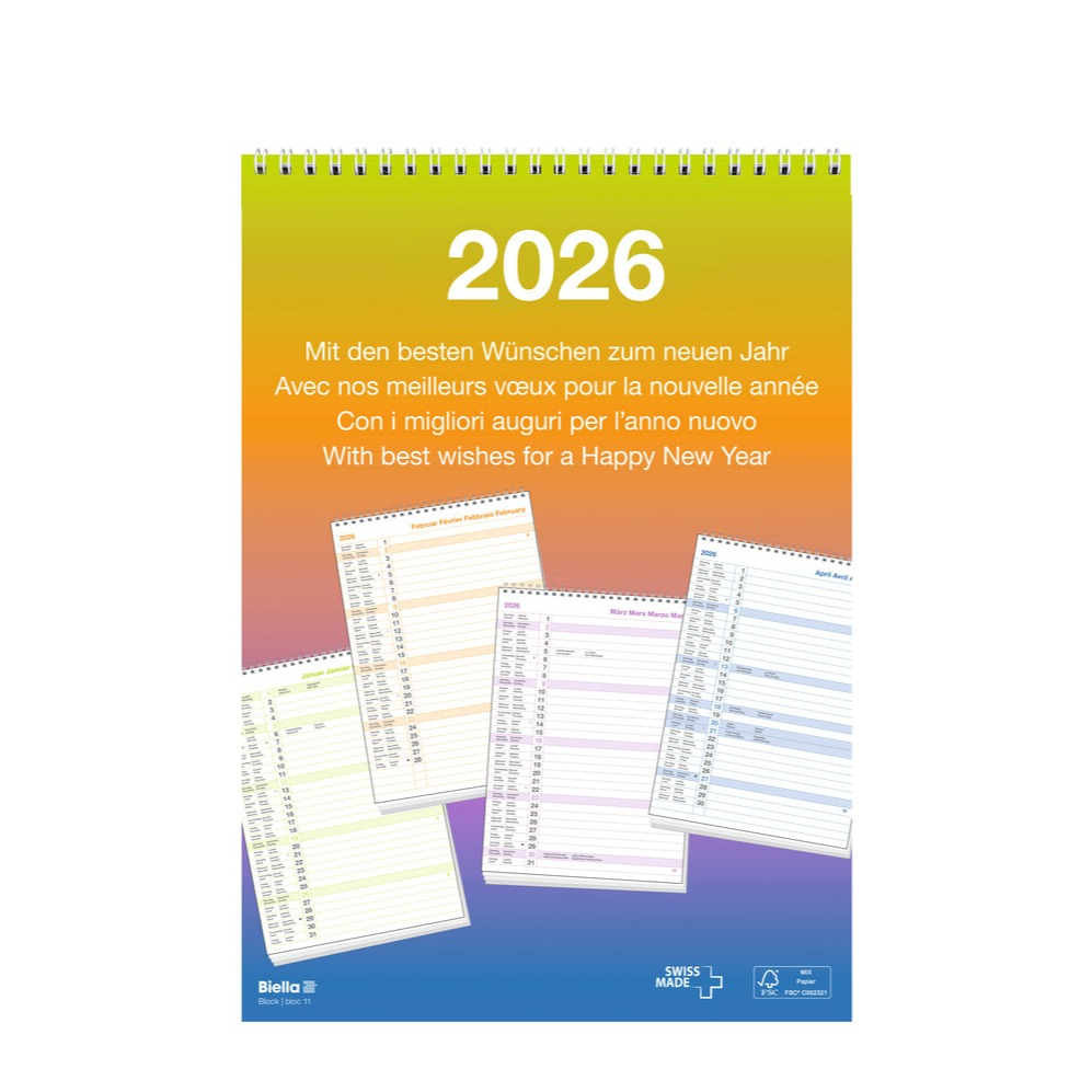 A4 Wandkalender 2026 Monatsplaner mit Wire-O Spiralbindung (889011000026U)