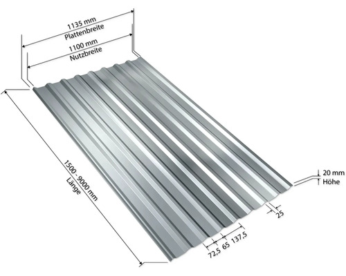 PRECIT trapeziumdakplaat W20LR, verzinkt, vaste breedte 1135 mm x dikte 0,5 mm (verkocht per meter van 150 tot max. 900 cm)