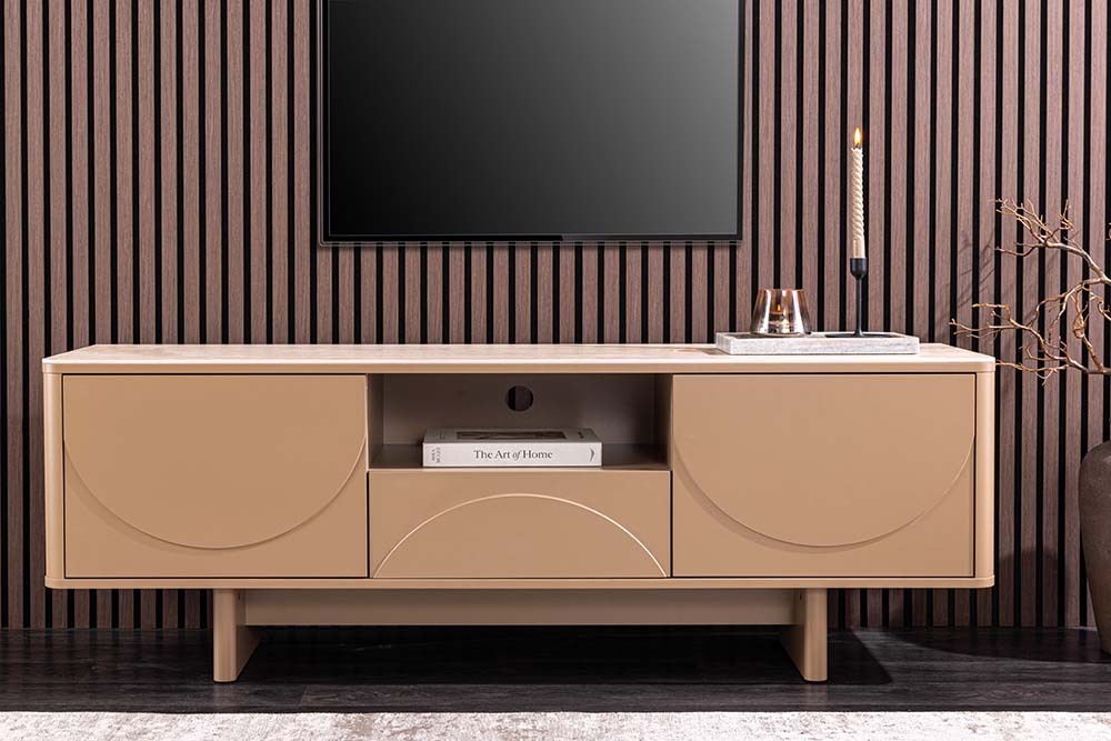 Design TV Board SAVOY 150cm grau beige greige Travertin Keramik mit Schublade 3D-Front