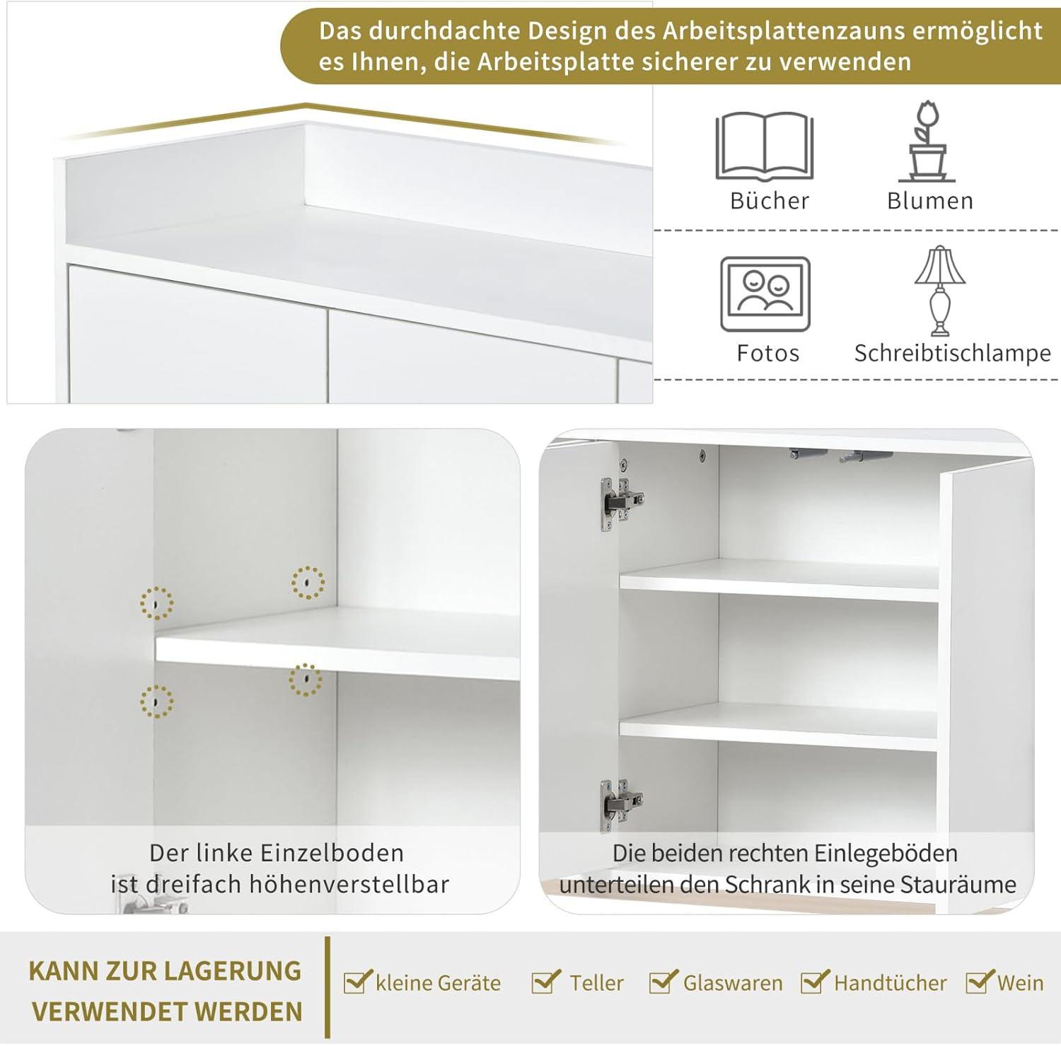 Sideboard Kommode 120cm breit,Modernes Buffetschrank mit 4 Türe,Kommode Schrank Buffetschrank mit Verstellbares Regal und Metallbeinen für Wohnzimmer und Esszimmer Küche,Weiß