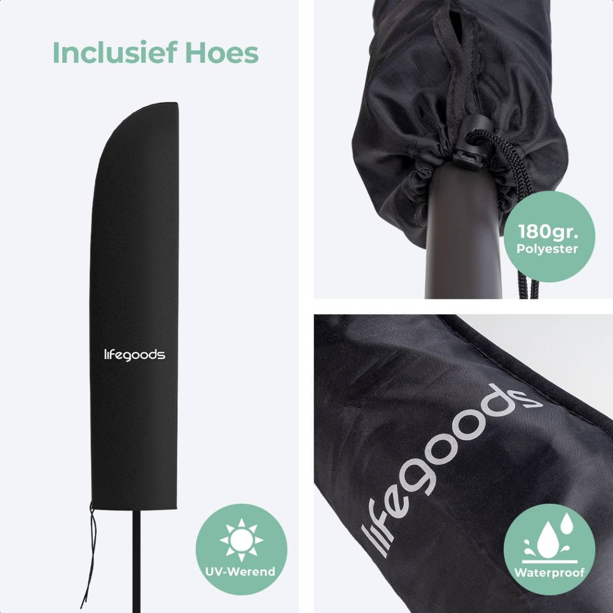 LifeGoods 300 cm zweefparasol met hoes en kruisvoet - Dark Grey