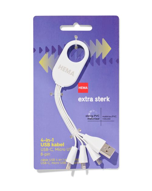 câble chargeur USB 4-en-1, USB-C, micro USB et 8 broches.