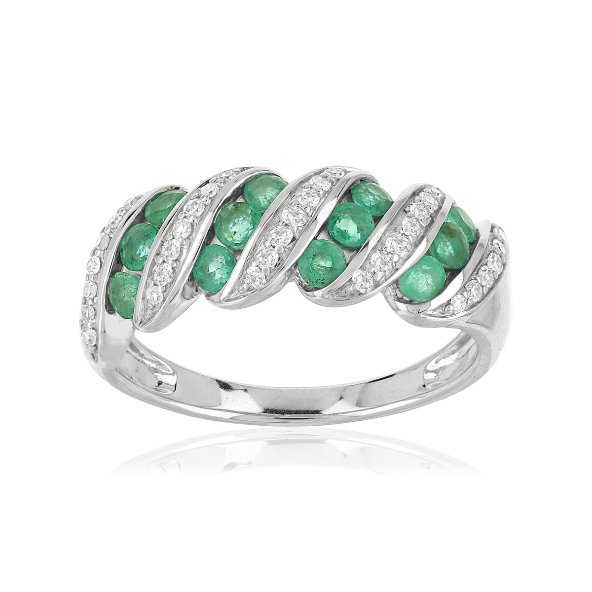 Bague or 750 blanc torsade émeraudes et diamants
