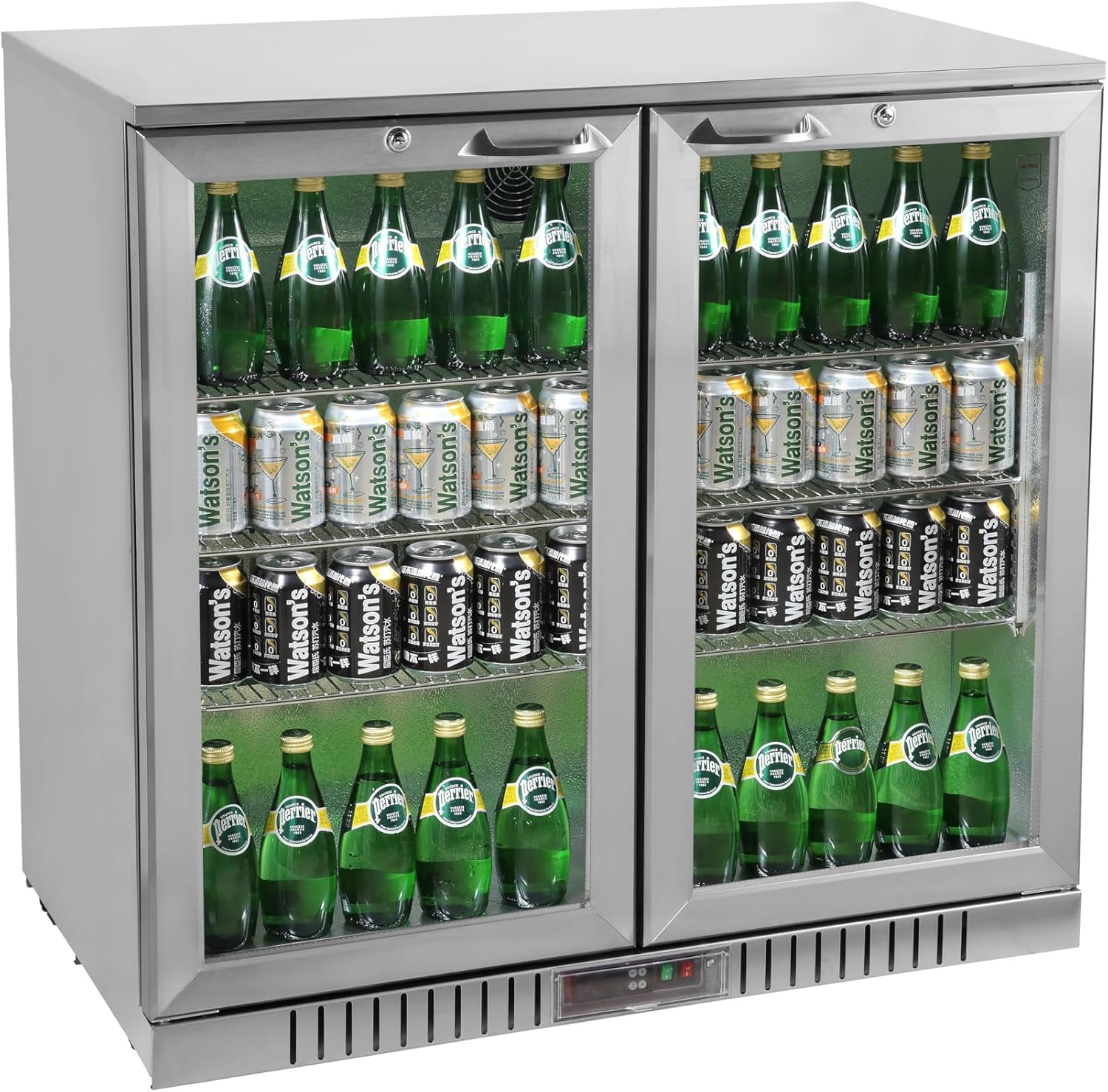 METRO Professional GBC3002S Glastür-Kühlschrank, Edelstahl/Aluminium/Hartglas, 6 verstellbare Einlegeböden, automatische Abtauung, 198 L, LED Beleuchtung, silber, EEK: D