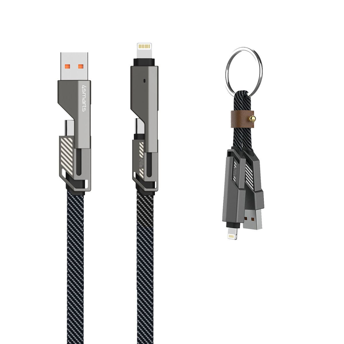 (1.5m) 240W 4in1 USB C / USB A auf USB C / Lightning Nylon Ladekabel Datenkabel mit Schlüsselanhänger Ladekabel (541456) - Schwarz