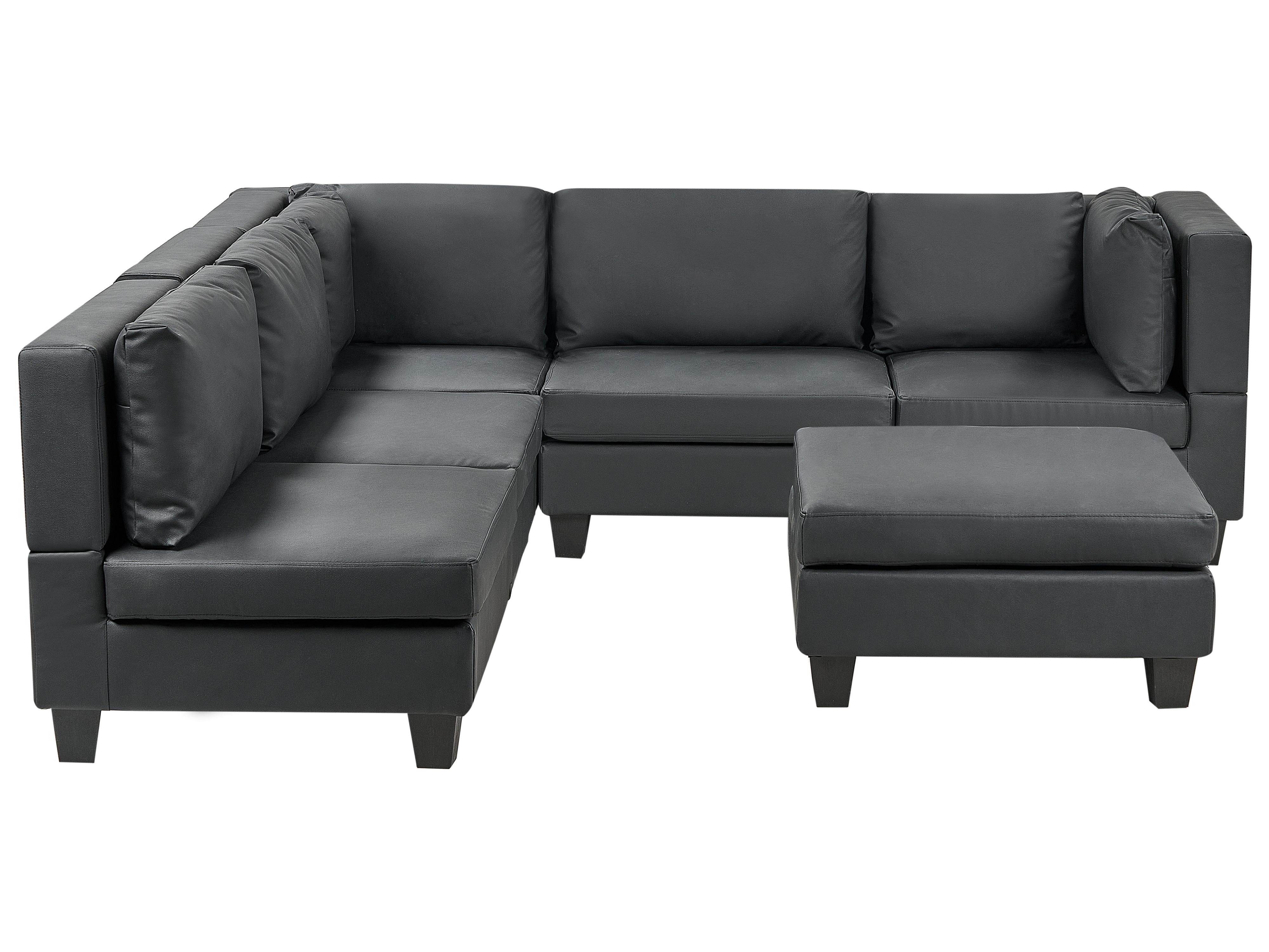 Modulaire hoekbank 5-zits UNSTAD Kunstleer Zwart met ottomaan rechtszijdig