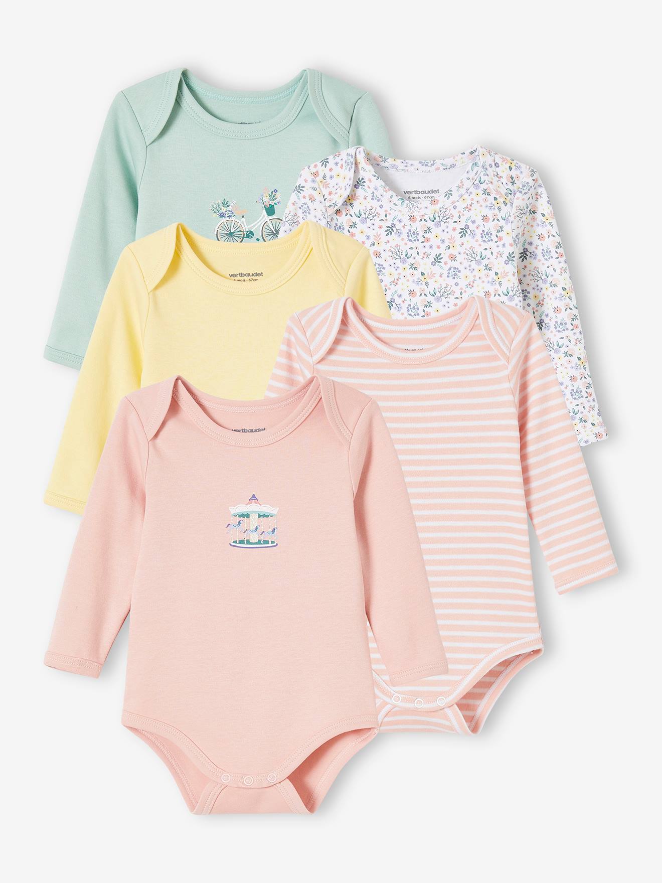 Conjunto de 5 bodies de manga comprida para bebês com cavas americanas, rosa claro bicolor/multicolorido