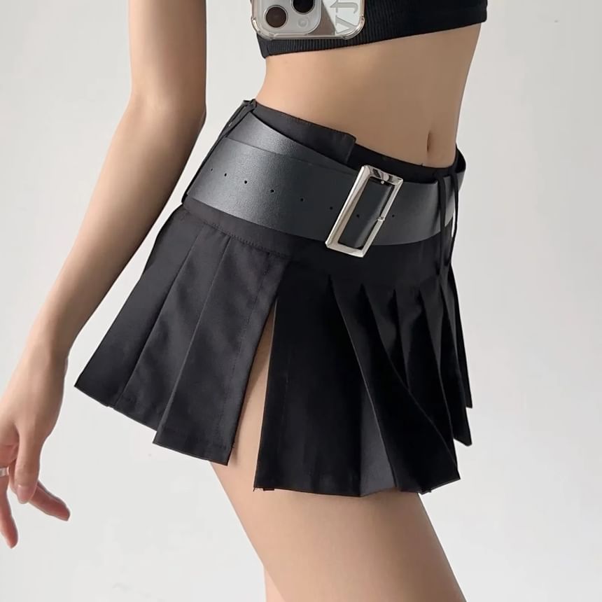Opuscule - Mid Waist Effen Geplooide Mini A-lijn Rok