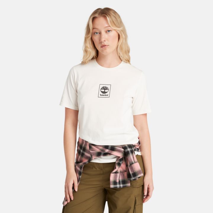 Camiseta feminina Stack Logo na cor branca.