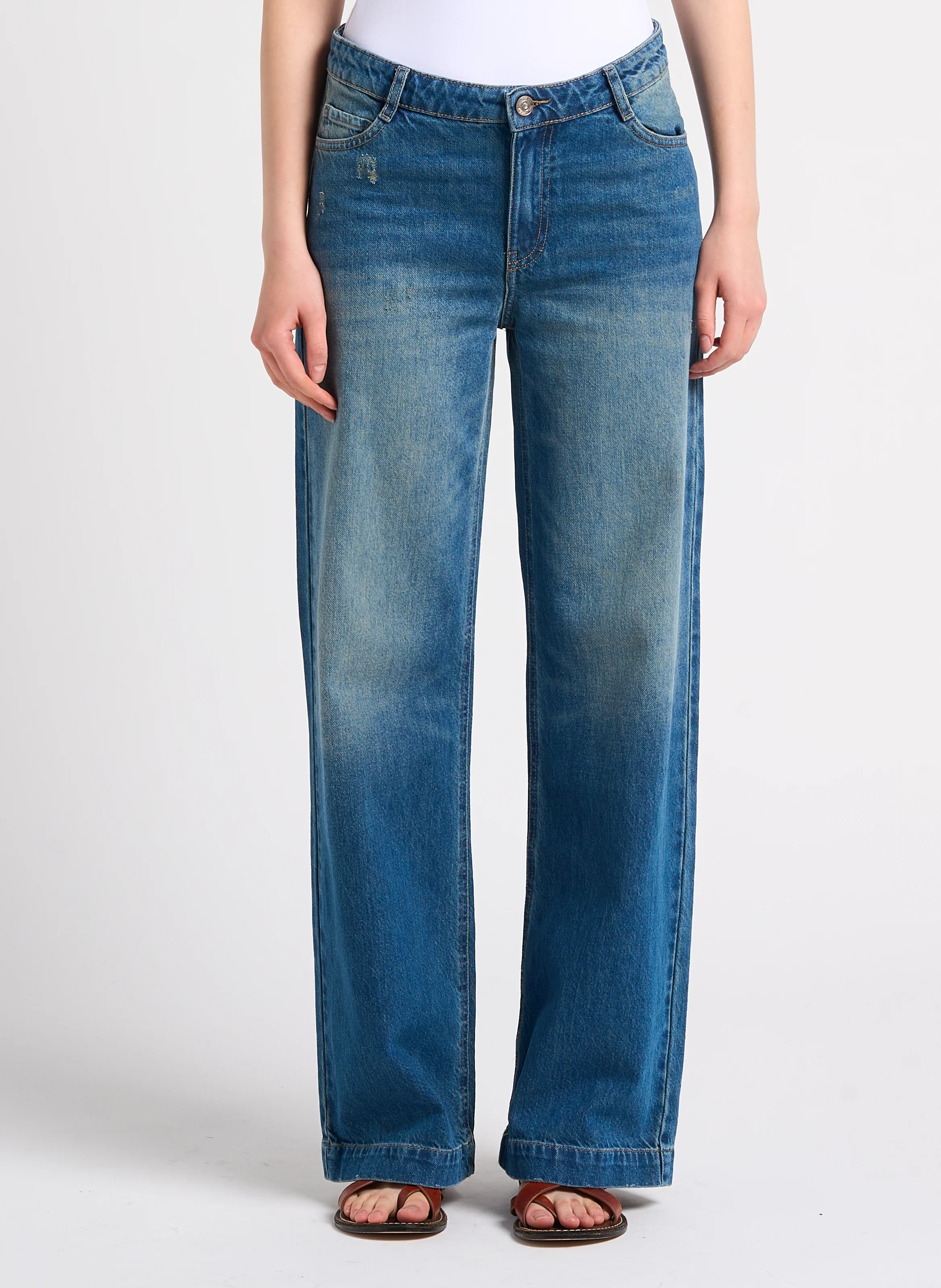 SANDY - Jean taille basse délavée en coton | Bleu