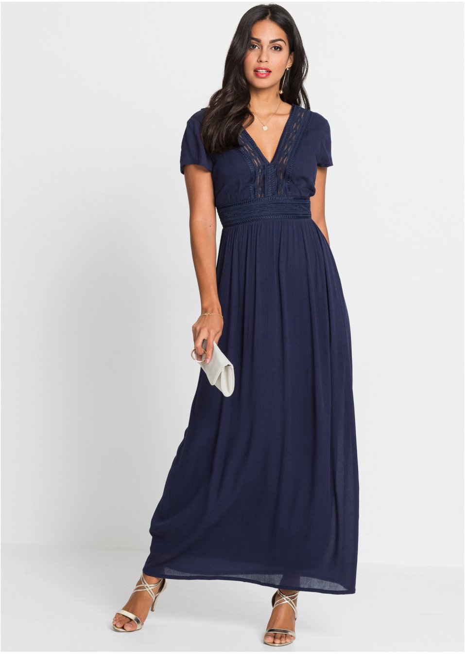 Robe longue estivale à dentelle, taille courte