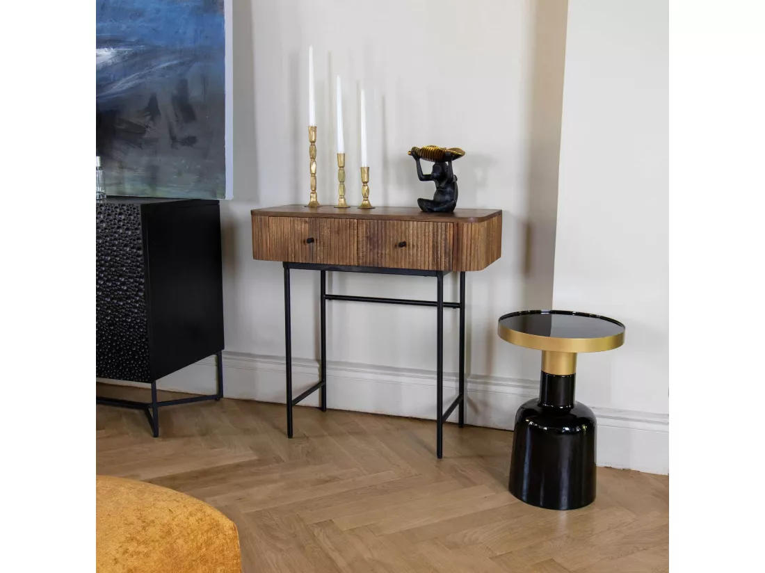 Now's Home - Console 2 Tiroirs En Bois Manguier Pied Metal Noir 80x35x80 Iquitos
