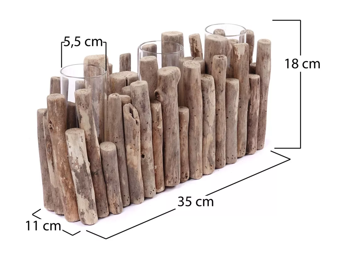 VASE Yela 35x18x11 cm, bois flotté, 3 verres couleurs naturelles