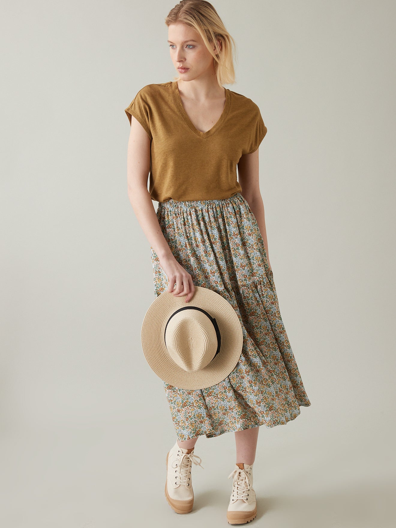 T-shirt col V femme viscose et lin