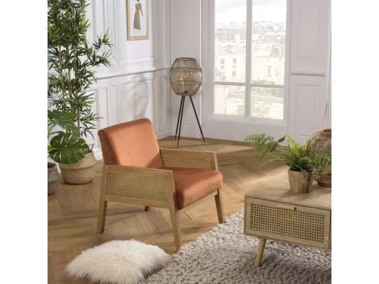 ALBANE - Fauteuil velours orange pieds bois et accoudoirs rotin