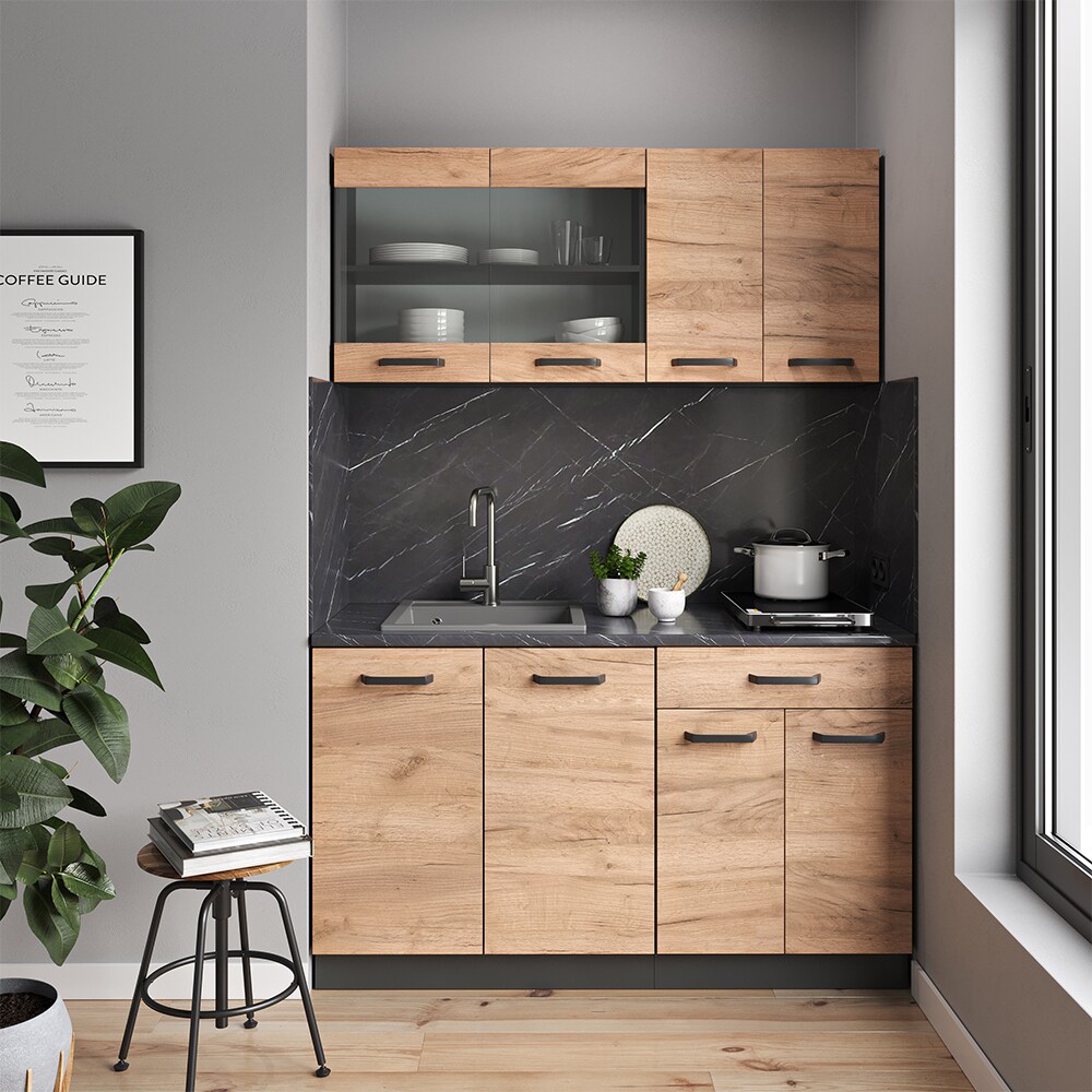 VICCO Küchenzeile R-LINE SINGLE Einbauküche 140 cm Küche Küchenblock Singleküche Anthrazit Eiche